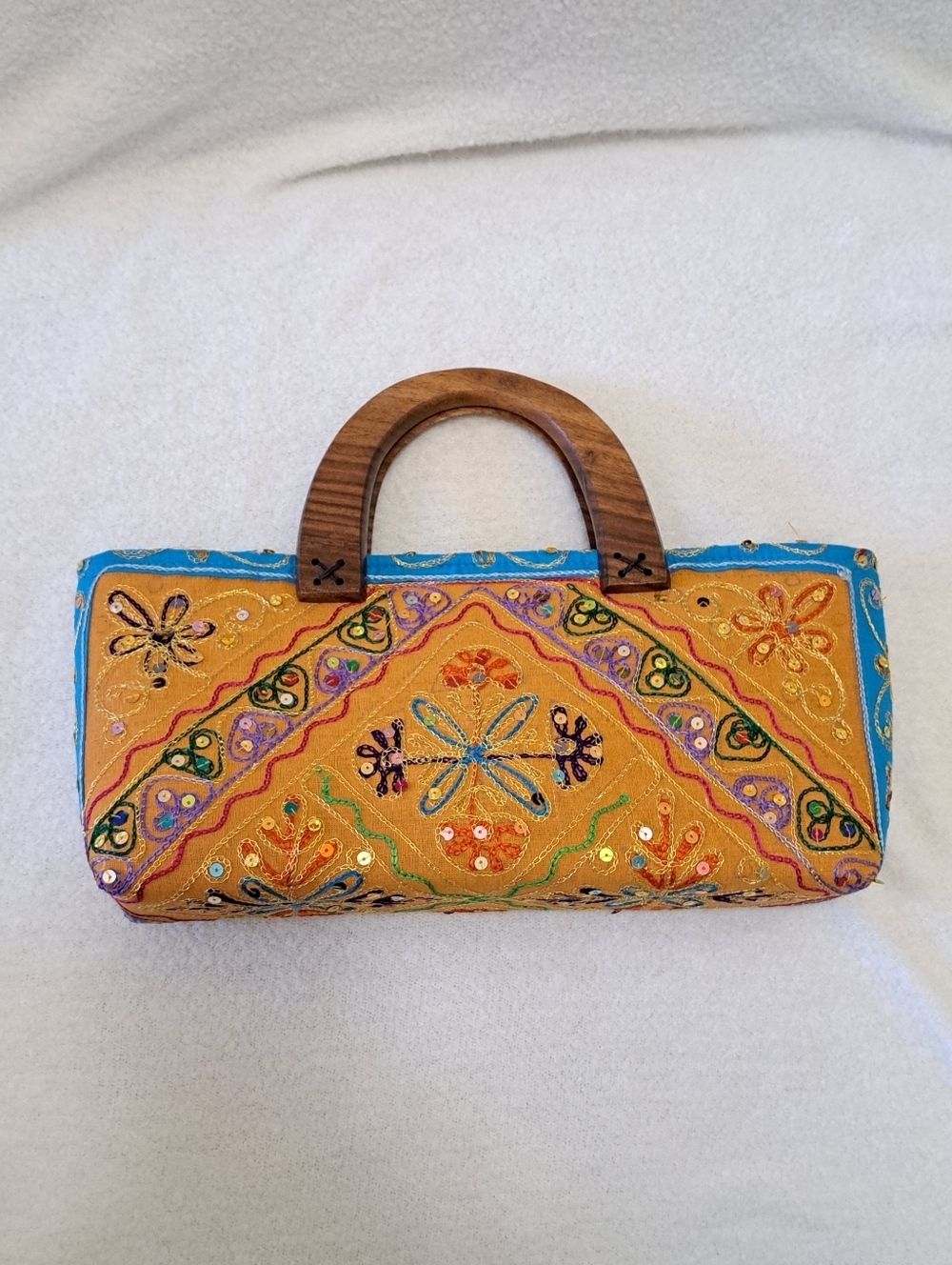 Boho Embroidered Fabric Handbag Wooden Top Handle Colorful Sequin Detail Purse